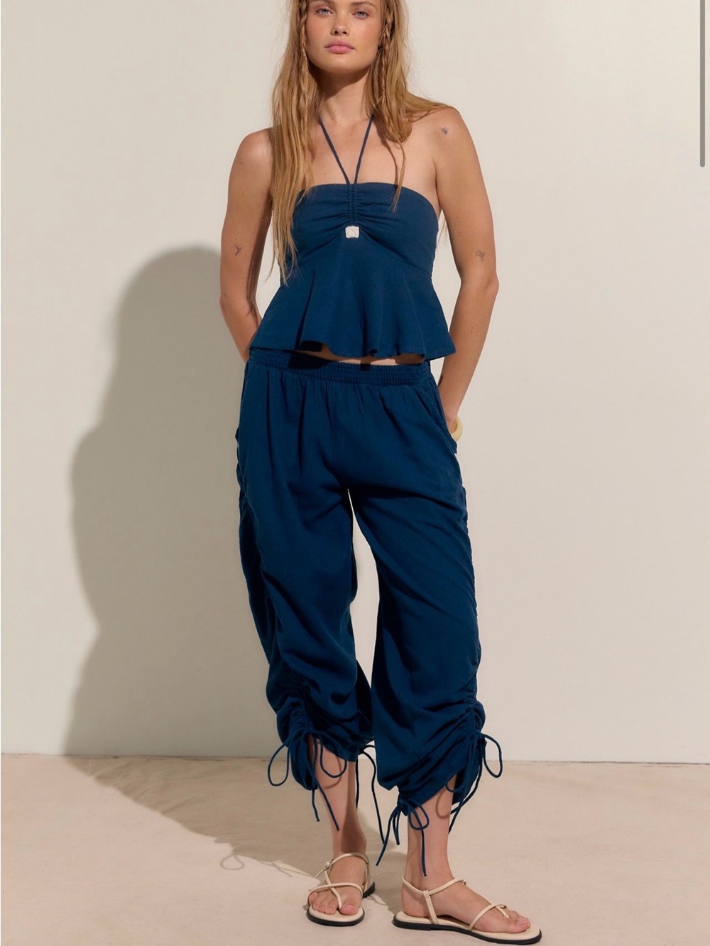 Free People Lunasol Cotton-Linen Navy Blue Drawstring Pant Set